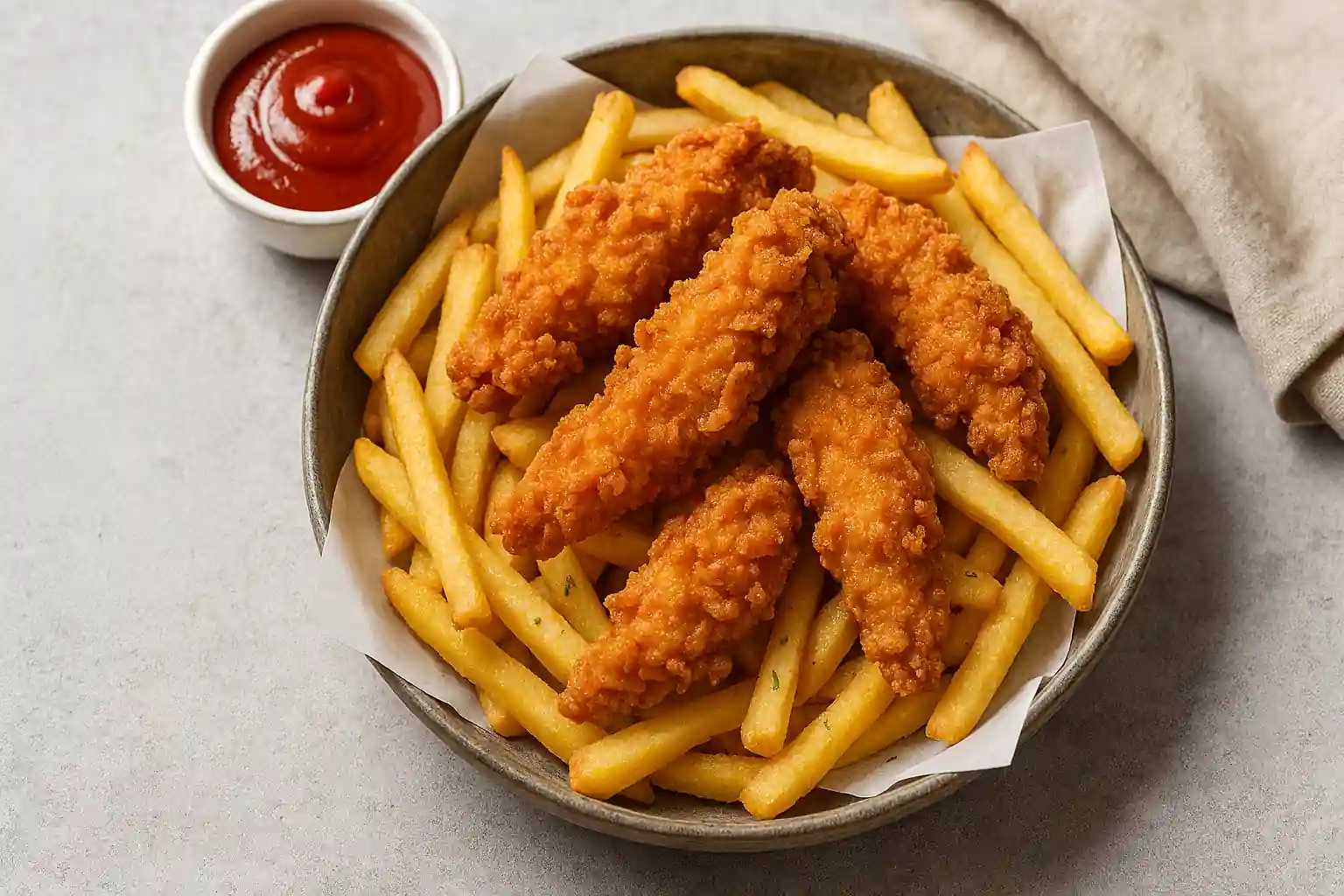 Crispy fried chicken fries served with golden French fries in a rustic basket, garnished with parsley on a wooden table.