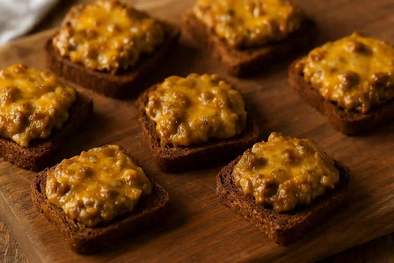 Hanky Panky appetizer on toasted cocktail rye bread topped with savory ground beef, spicy sausage, and melted Velveeta cheese under warm natural lighting.