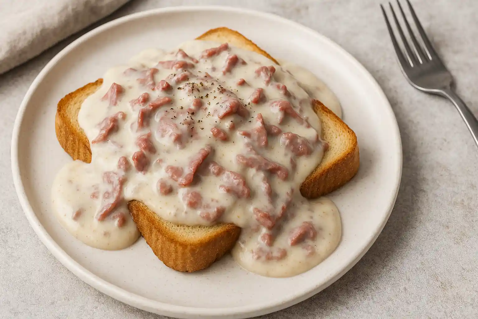 Classic shit on a shingle recipe featuring creamy chipped beef in white sauce served over golden toasted bread on a rustic plate.