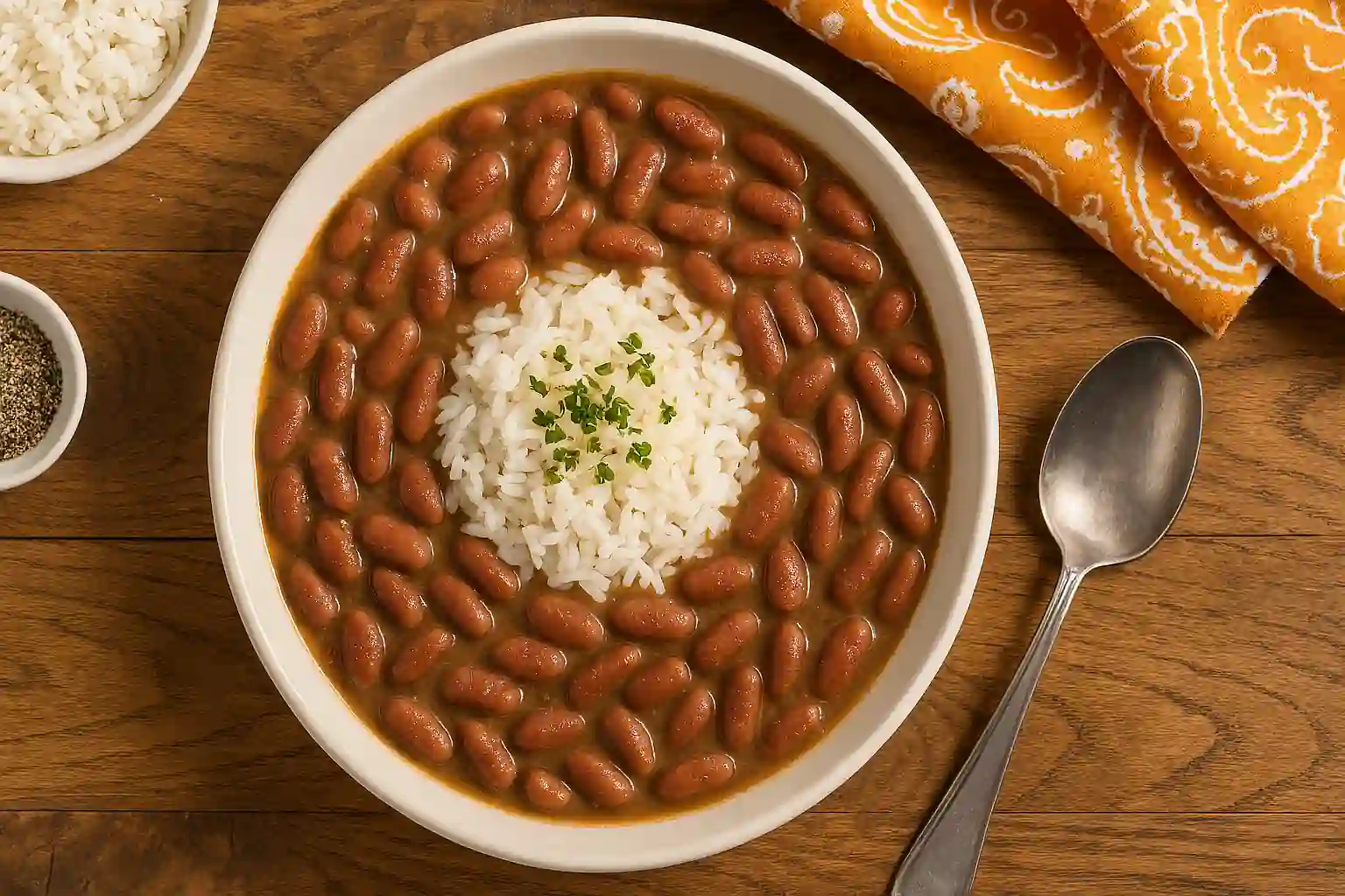 Authentic Popeyes-style red beans served with fluffy rice in a rustic kitchen setting
