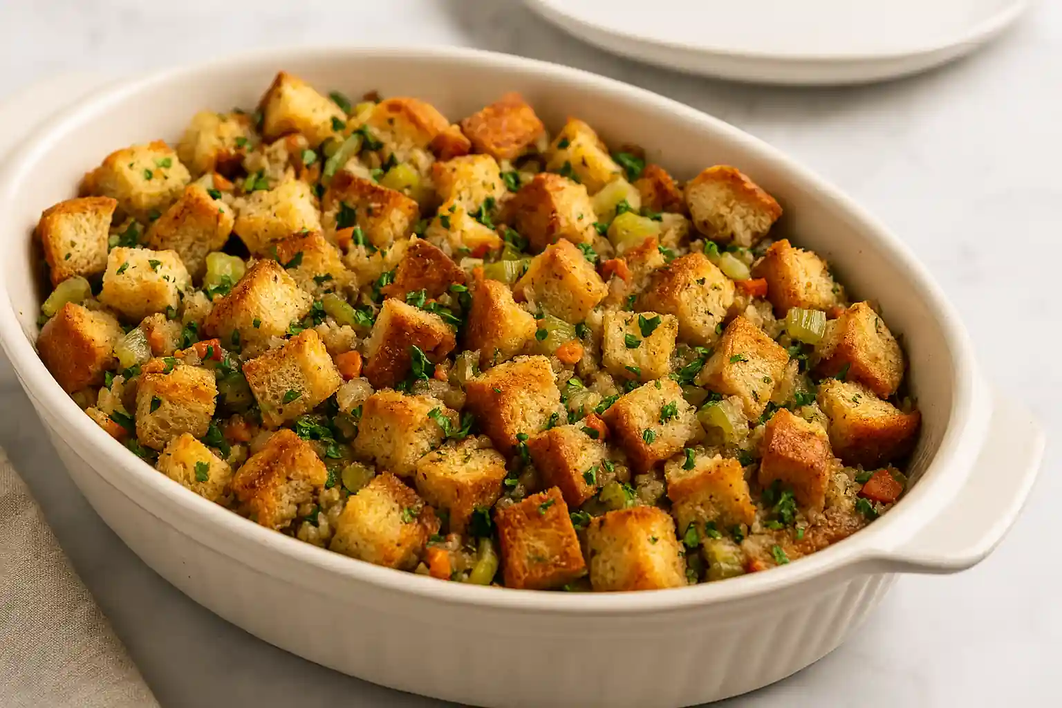 Golden-brown gluten-free stuffing with fresh herbs, celery, and onions in a rustic baking dish on a holiday table.