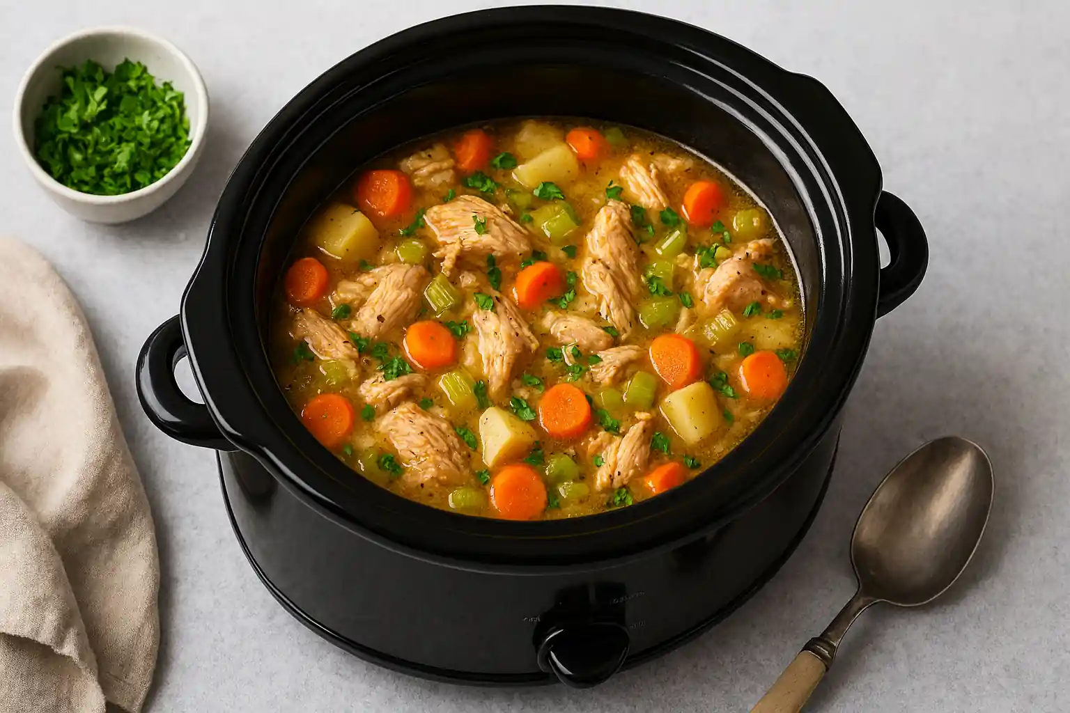 Gluten-free crock pot stew with chicken, carrots, potatoes, and herbs in a slow cooker on a modern kitchen counter