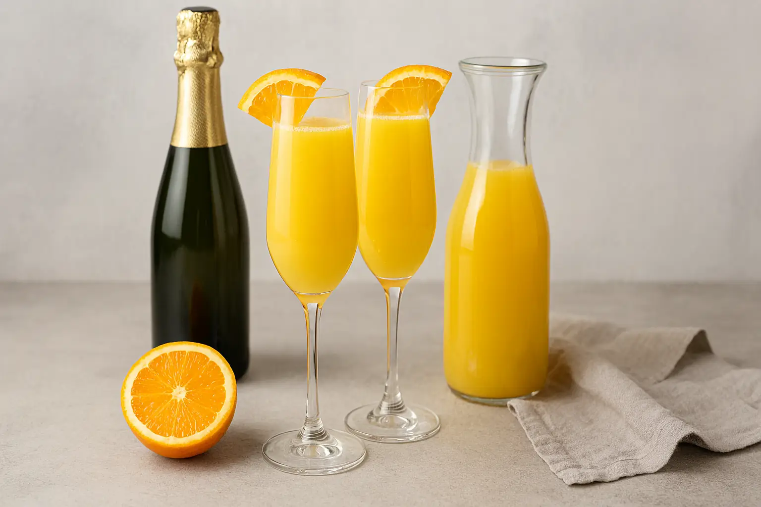 Refreshing mockmosa in a champagne flute with sparkling orange juice and fresh orange garnish on a bright breakfast table