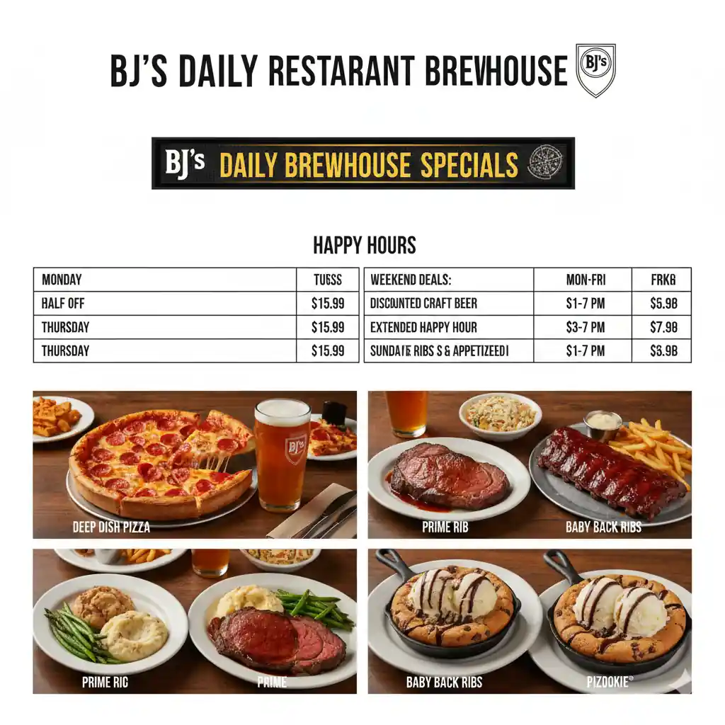 BJ's Restaurant Brewhouse daily specials menu board with images of deep dish pizza, prime rib, baby back ribs, and Pizookie desserts.