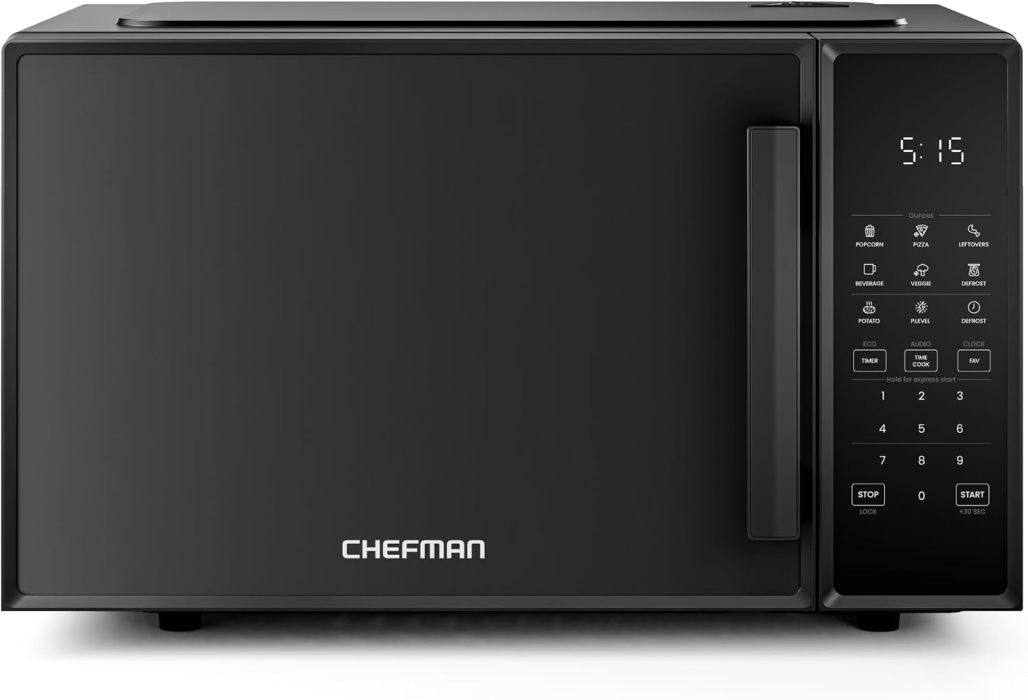 Black Chefman microwave oven with digital display reading “5:15” and a control panel featuring presets such as popcorn, pizza, leftovers, beverage, veggie, defrost, potato, eco mode, time cook, clock, and numeric keypad, plus Start/+30Sec and Stop buttons.