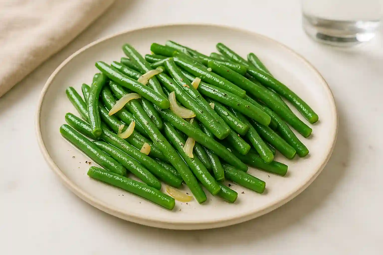 Sautéed frozen green bean recipes with garlic and onions plated on a ceramic dish in a sunlit kitchen.