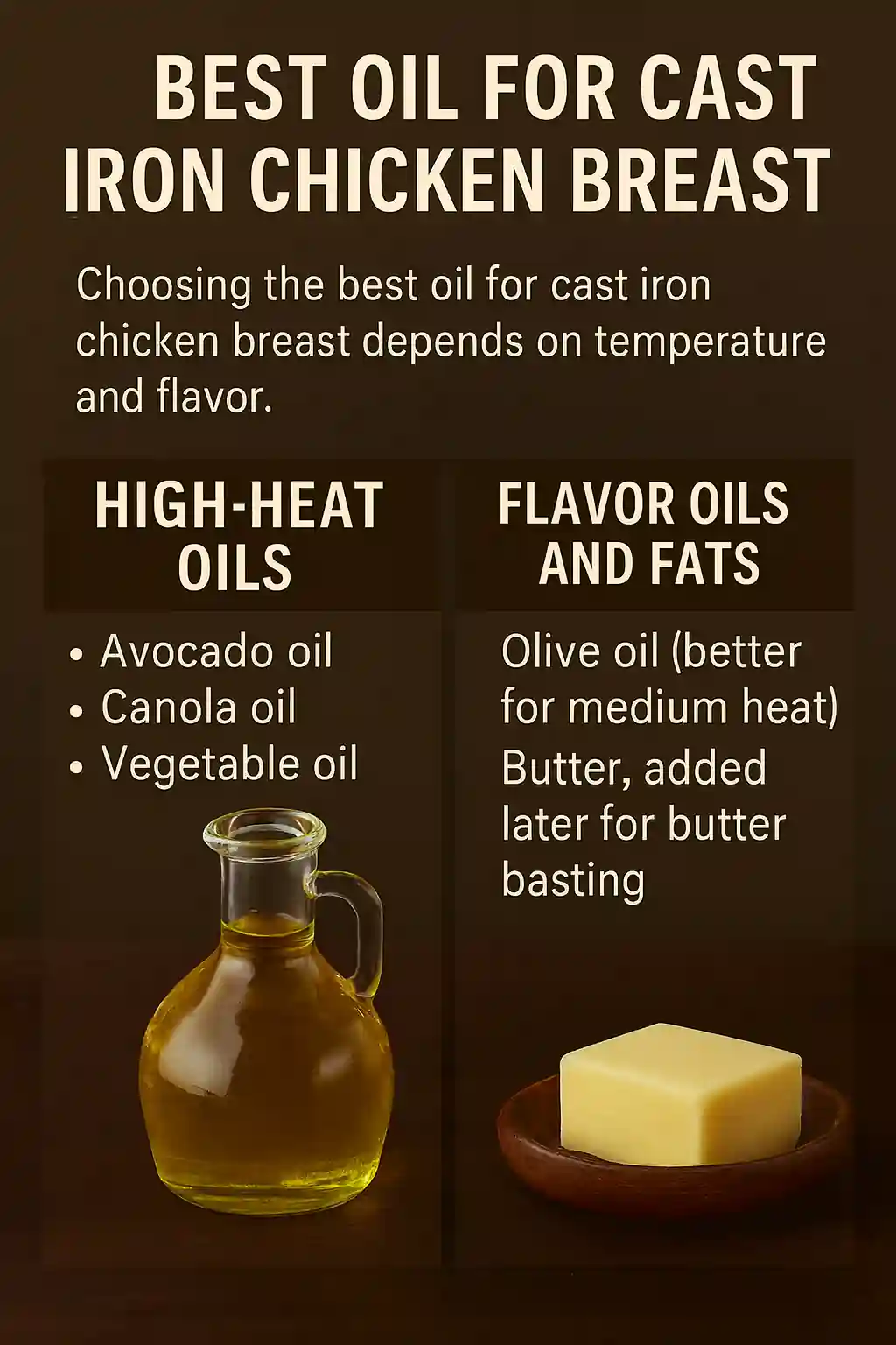 Bottles of avocado oil, canola oil, and vegetable oil next to a cast iron skillet with