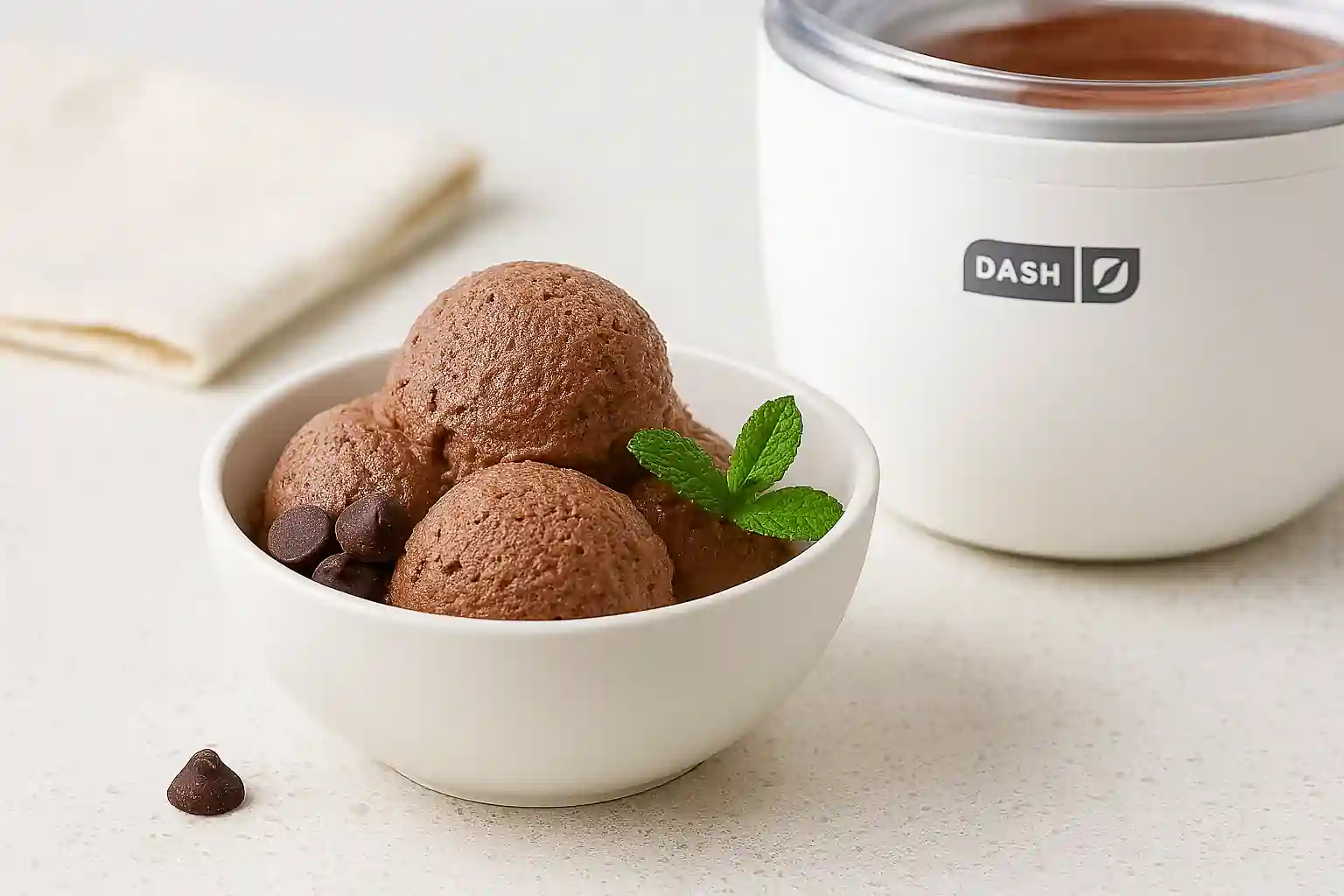 Dash ice cream maker with frosted freezing bowl beside a bowl of homemade chocolate ice cream on a bright kitchen counter.