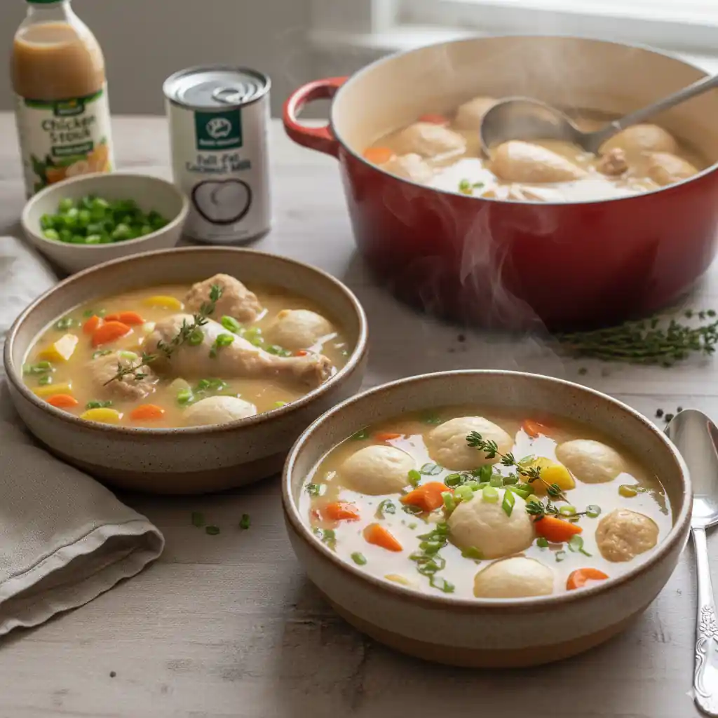 Bowls of homemade chicken and dumpling soup with carrots, bell peppers, and fresh thyme served from a red Dutch oven