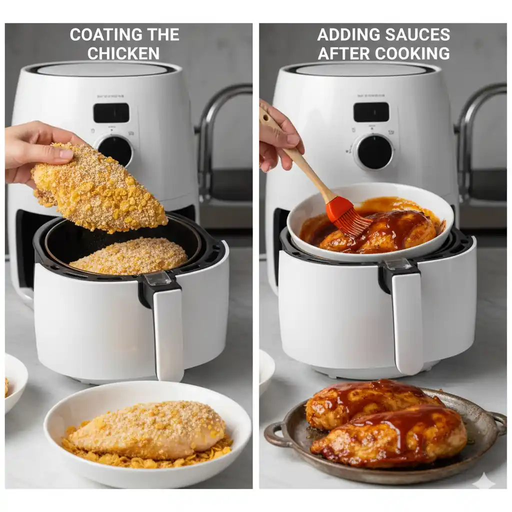 A two-panel image showing advanced air fryer chicken techniques: left, coating chicken with breadcrumbs before placing in the air fryer; right, brushing BBQ sauce on cooked chicken.