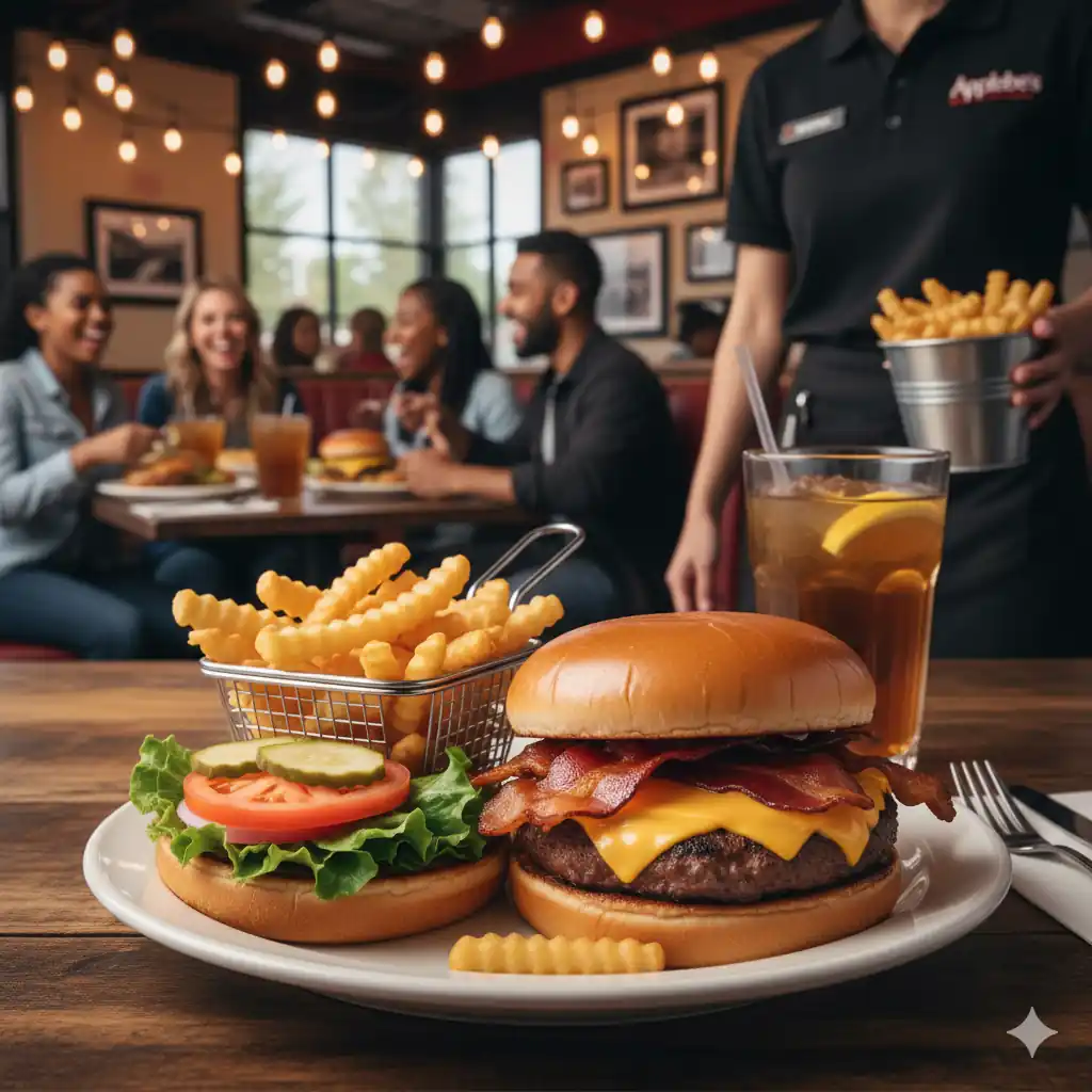 Close-up of an Applebee's bacon cheeseburger with fries and a drink on a wooden table, with happy diners and a server in the background.