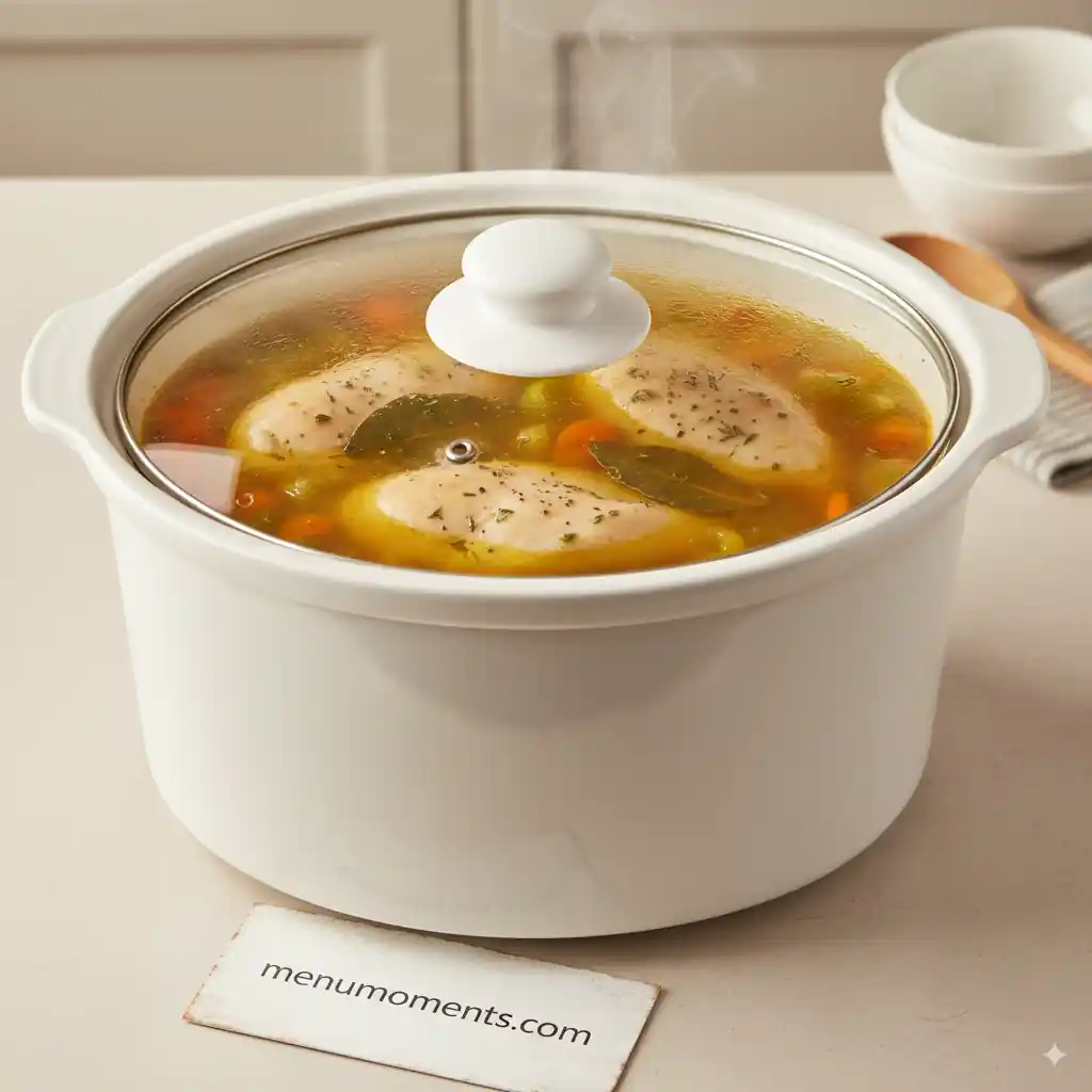 A white crockpot with a clear lid, steaming as chicken soup slowly cooks inside, with chicken breasts, vegetables, and bay leaves visible. menumoments.com