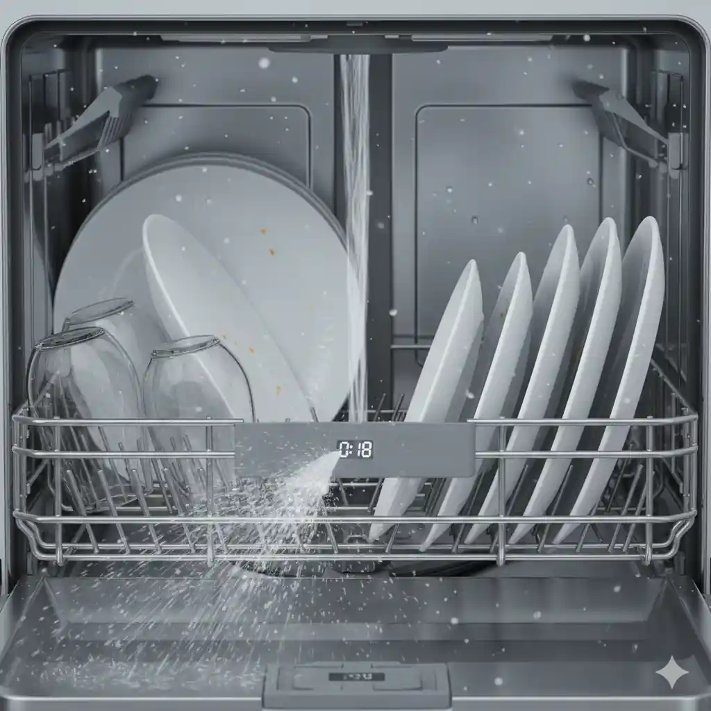 Dishwasher interior showing a quick rinse cycle with water spraying over lightly soiled plates and glasses, timer showing 0:18.Image Title: Dishwasher Rinse Cycle Quick Pre-Rinse