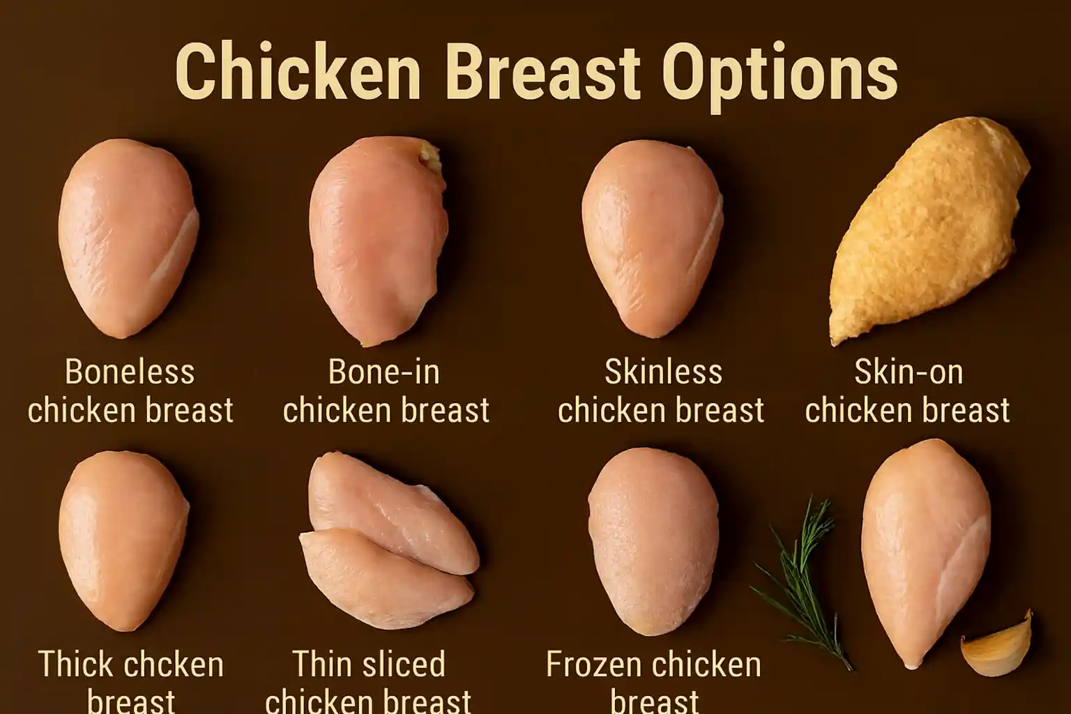 Grid of eight raw chicken breast cuts including boneless, bone-in, skinless, skin-on, thick, thin sliced, frozen, and seasoned with rosemary and garlic