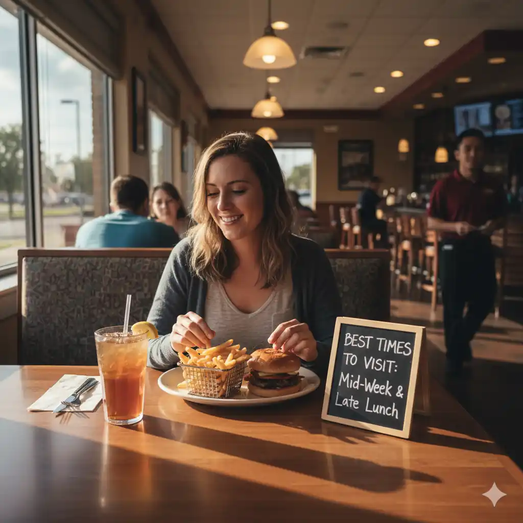 A smiling woman enjoying a burger and fries at an Applebee's booth during a quieter time, with a small chalkboard sign recommending "Best Times to Visit: Mid-Week & Late Lunch.