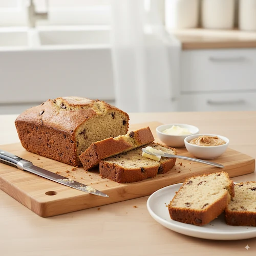 Sliced banana bread with chocolate chips on a wooden cutting board with butter and peanut butter spreads in a bright kitchen