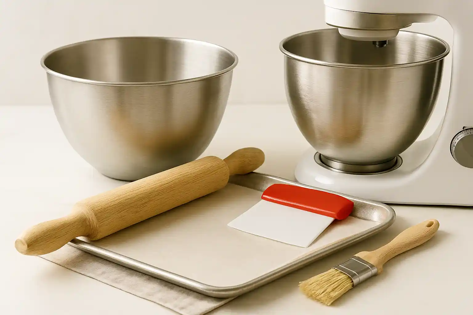 Bakery tools for homemade Swiss Gipfeli on marble countertop with natural light