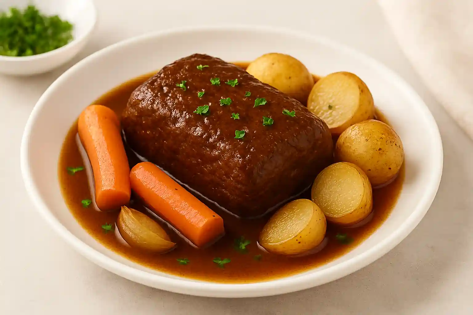 Braised mock chuck roast plated with carrots, potatoes, and onions in rich brown sauce with parsley garnish