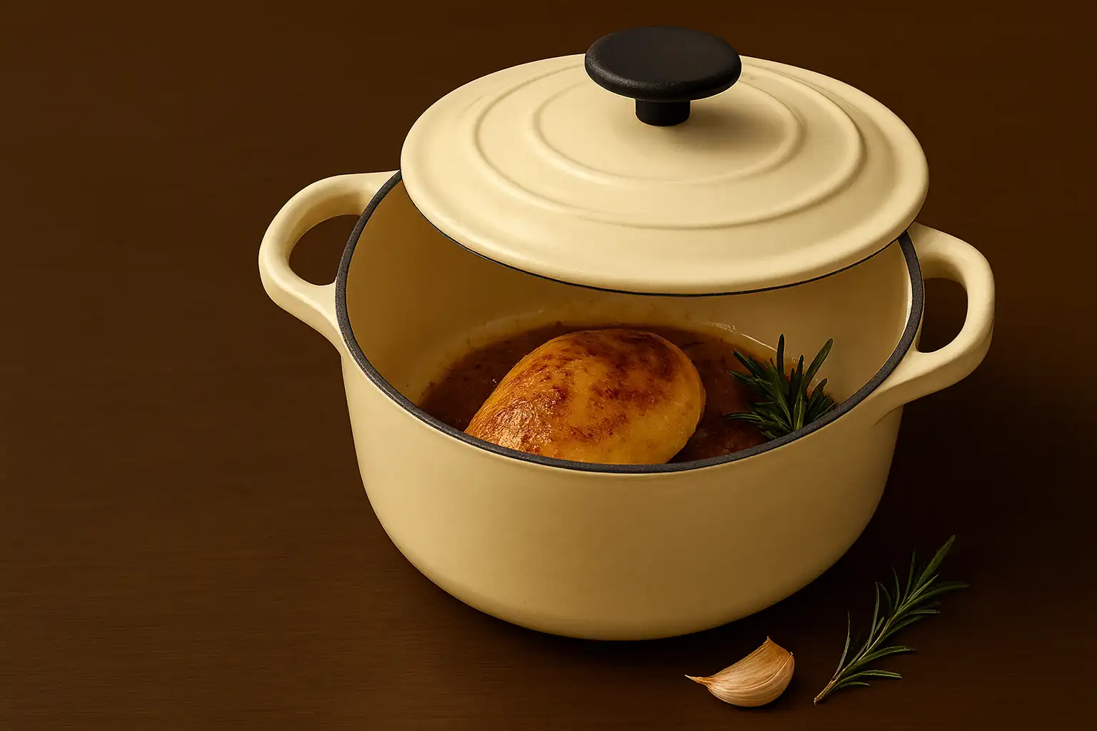 Golden brown chicken breast in Dutch oven cooking in a cream-colored Dutch oven with rosemary and garlic on a dark wooden surface
