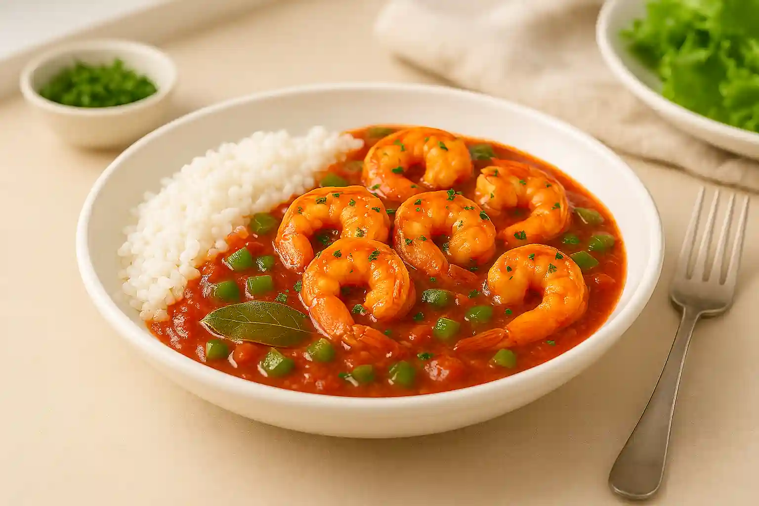 Single serving of prawn creole in tomato sauce over cauliflower rice, garnished with parsley in a sunlit kitchen.