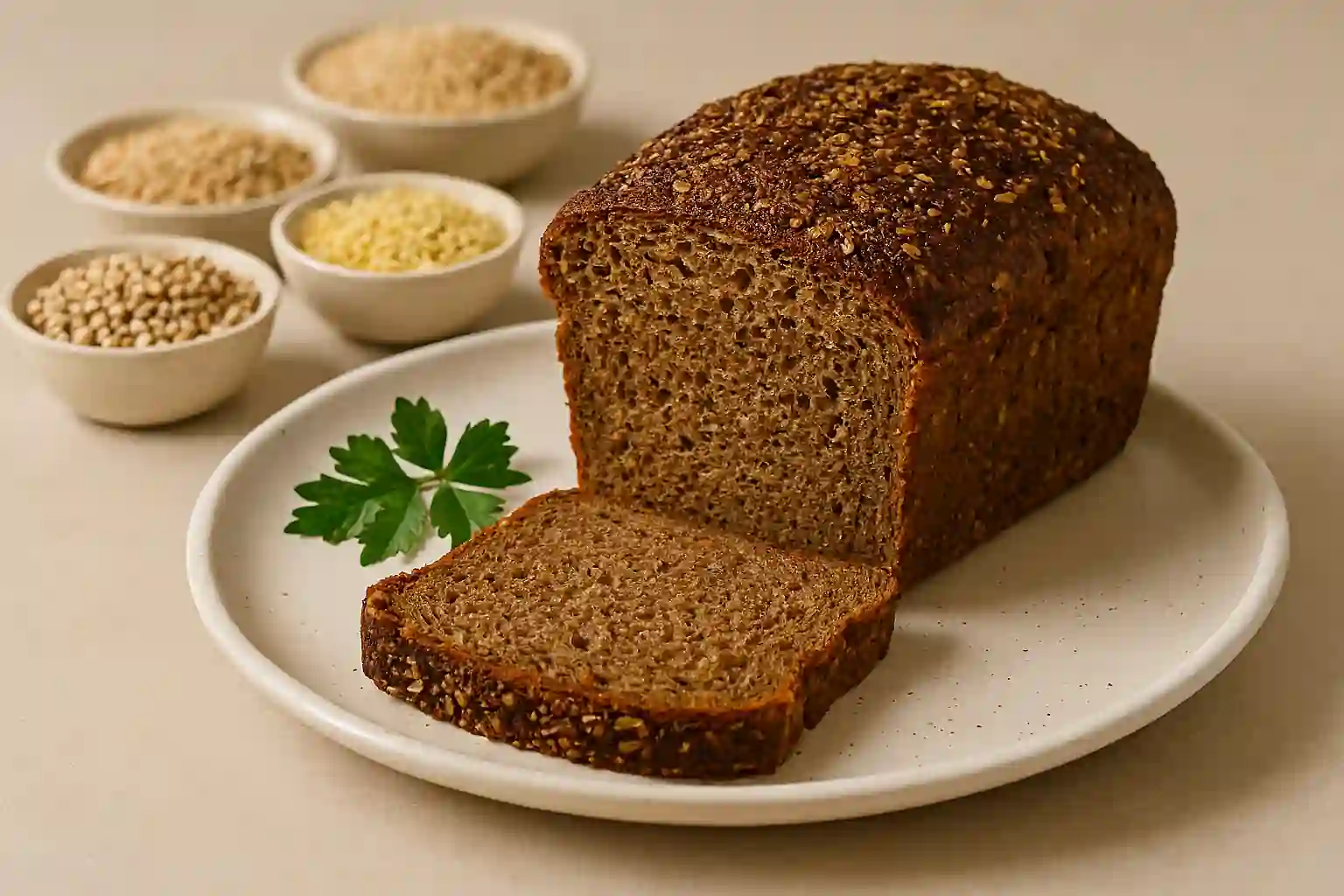 Sliced loaf of Ezekiel bread recipe with visible grains and legumes, plated with ancient ingredients
