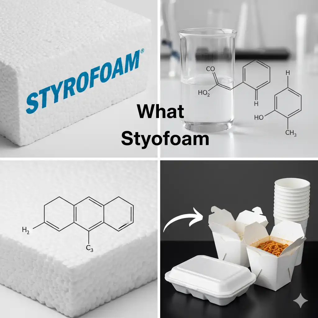 A collage illustrating Styrofoam, showing the brand name, a chemical structure, and various food service foam containers.
