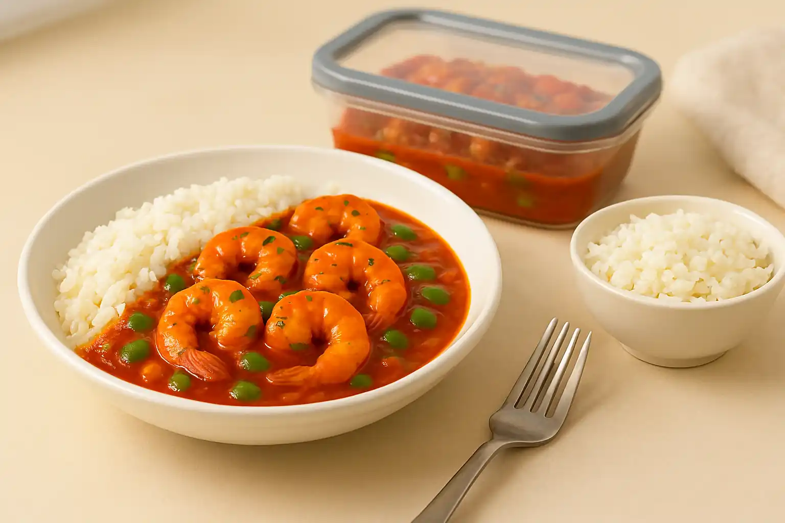 Prawn creole served over rice in a white bowl with a sealed container of leftovers beside it.