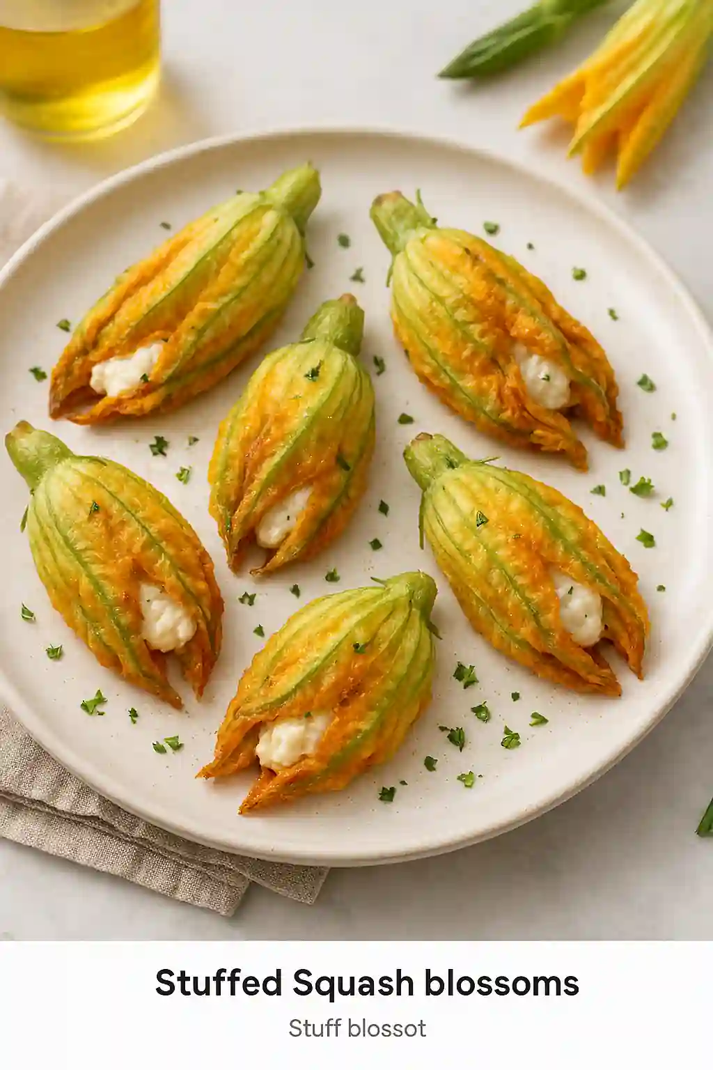 Stuffed squash blossoms filled with creamy ricotta, lightly fried to golden perfection, plated on a white ceramic dish with fresh herbs in bright natural kitchen lighting.