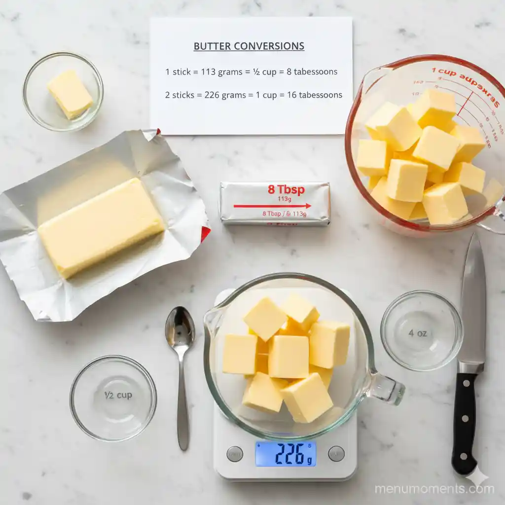 Butter conversion chart showing 1 stick = 113g = ½ cup = 8 tbsp, with corresponding butter portions in a measuring cup and on a digital scale.