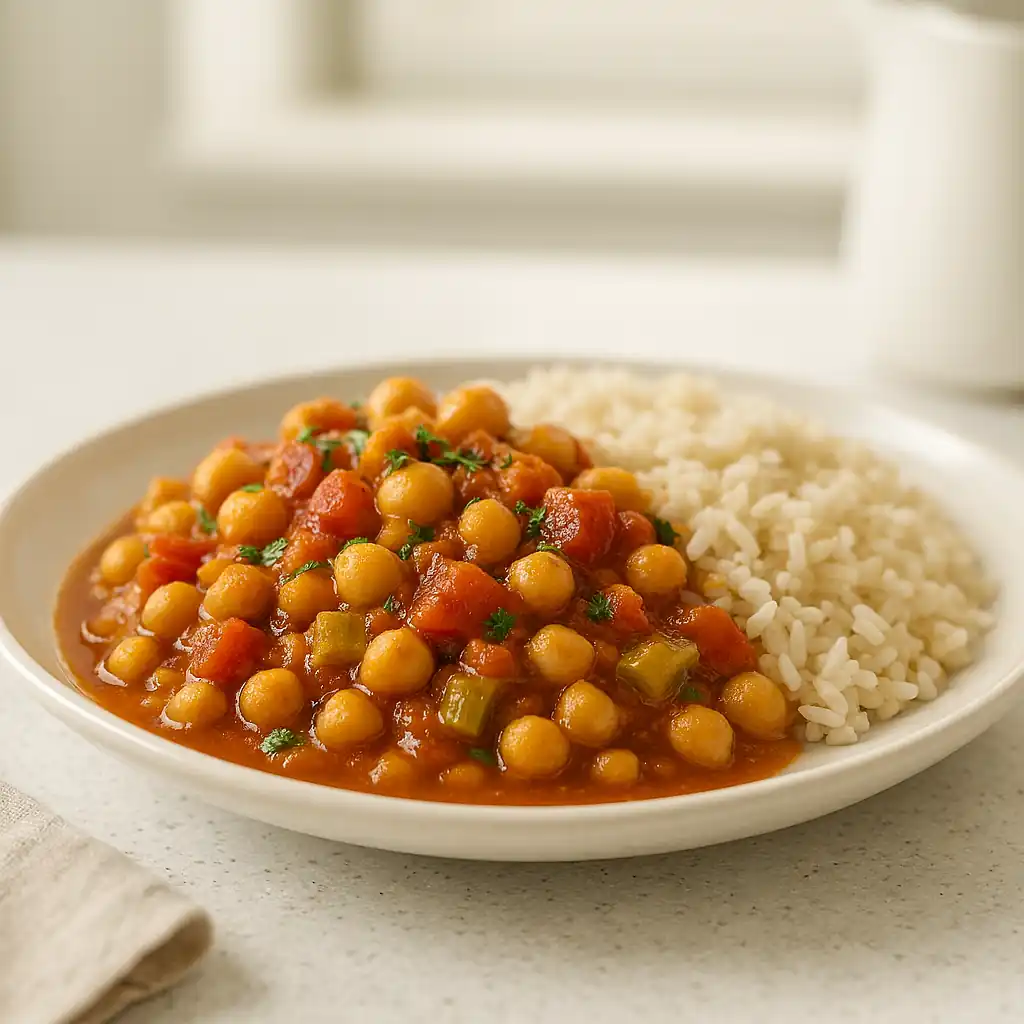 Single-serving vegan crockpot chickpea and lentil stew plated with rice in a bright modern kitchen