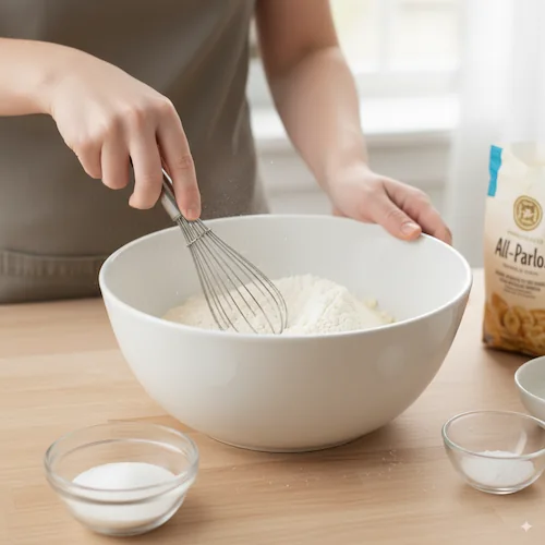 Whisking flour in a large white bowl on a wooden countertop with sugar, salt, and all-purpose flour bag nearby
