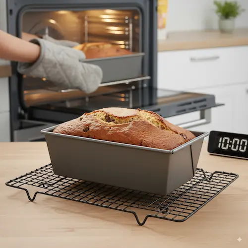 Freshly baked banana bread cooling in a metal loaf pan on a wire rack while another loaf is removed from the oven