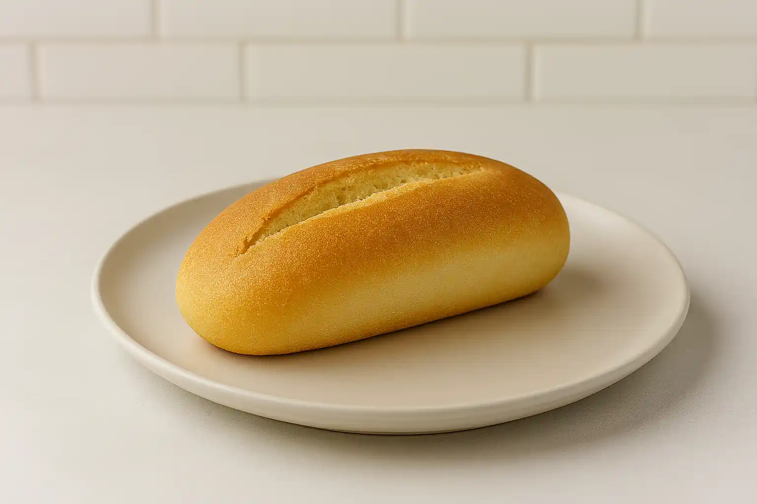 Golden-brown Italian hoagie roll on white ceramic plate in bright kitchen setting