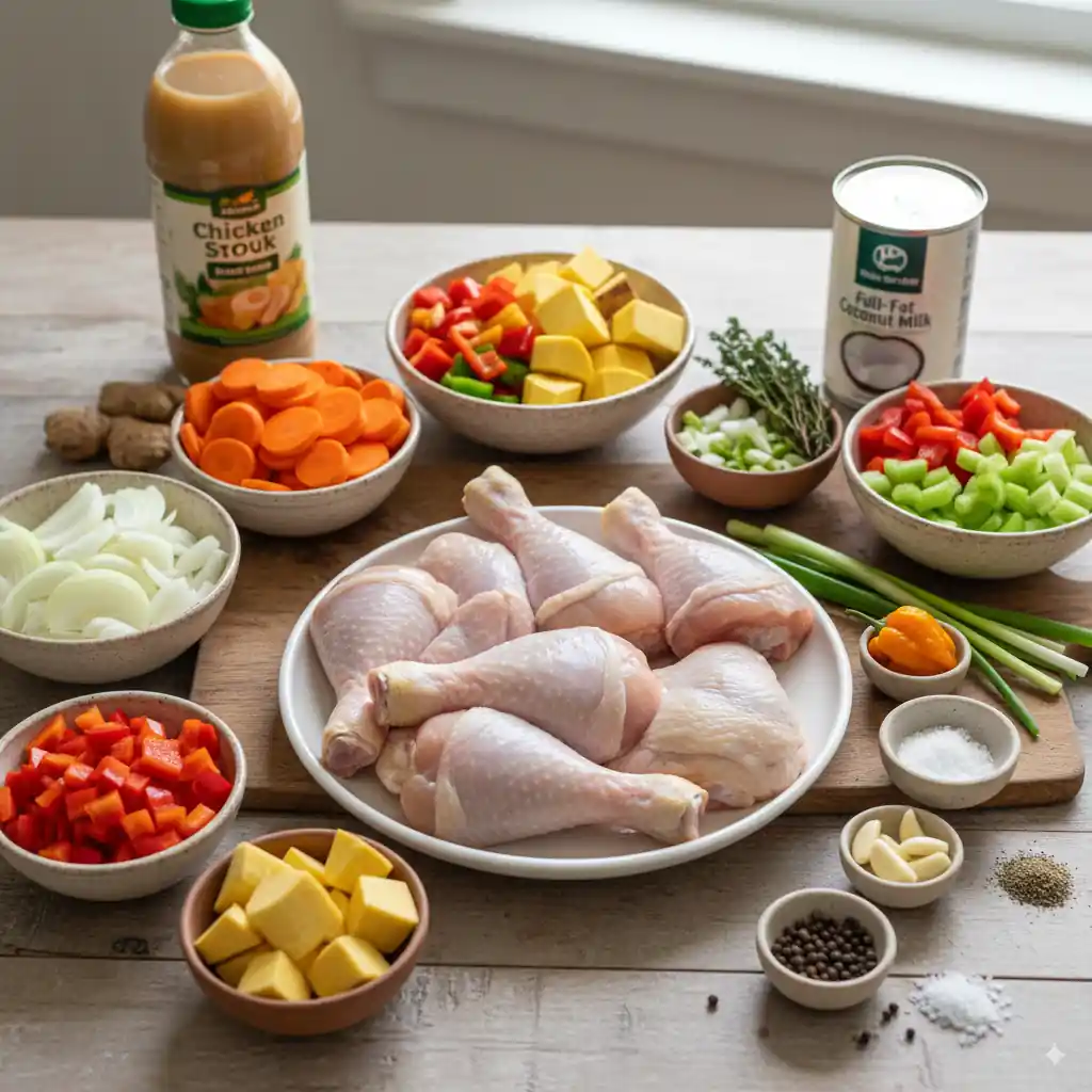 Raw chicken drumsticks surrounded by chopped vegetables, herbs, spices, coconut milk, and chicken stock on a wooden surface for stew preparation