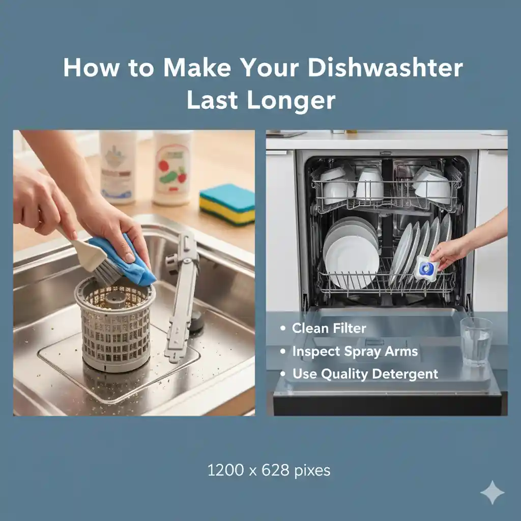 A split image showing hands cleaning a dishwasher filter in a sink on one side, and a person placing a detergent pod into a full dishwasher on the other. Text lists maintenance tips: "Clean Filter," "Inspect Spray Arms," and "Use Quality Detergent."