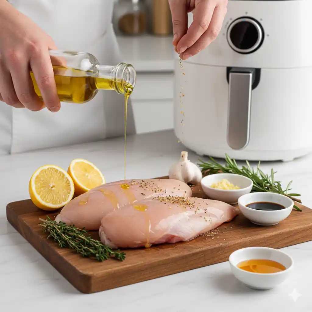 Hands marinating raw chicken breasts on a cutting board with olive oil, lemon, garlic, herbs, soy sauce, and honey, with an air fryer in the background.