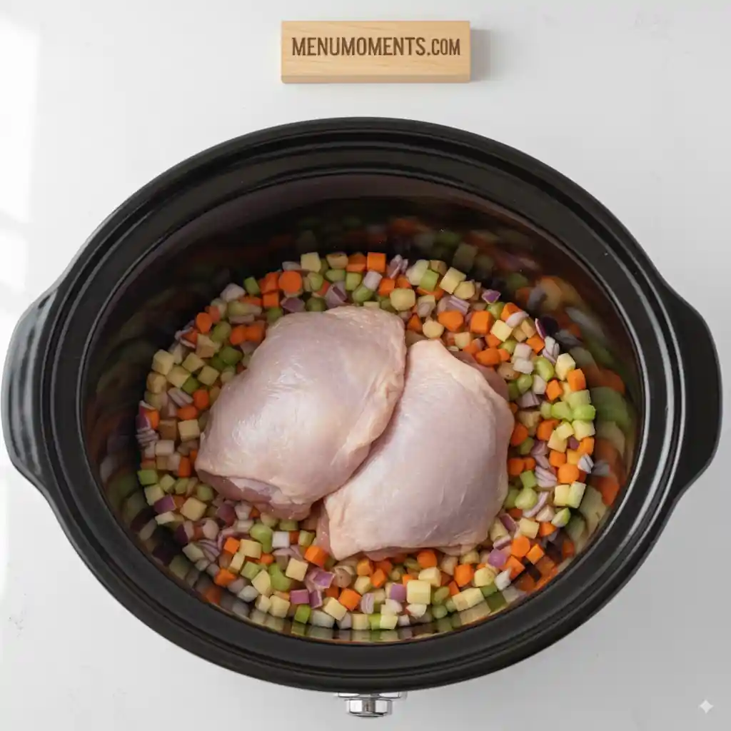 Overhead view of a black slow cooker filled with diced vegetables (potatoes, carrots, celery, onion) and two raw chicken thighs, ready for cooking. Branding: menumoments.com.