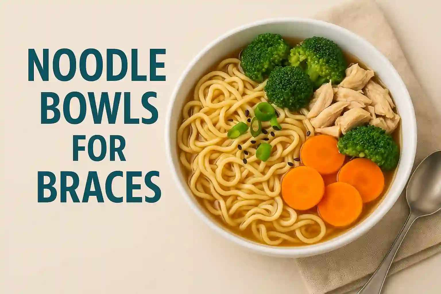 Landscape image of a soft noodle bowl designed for braces wearers, featuring tender noodles, steamed vegetables, and a mild broth, arranged in a ceramic bowl on a wooden surface with soft lighting.