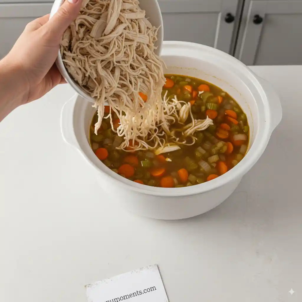 A hand pouring pre-cooked, shredded noodles from a white bowl into a crockpot containing simmering chicken and vegetable soup. menumoments.com