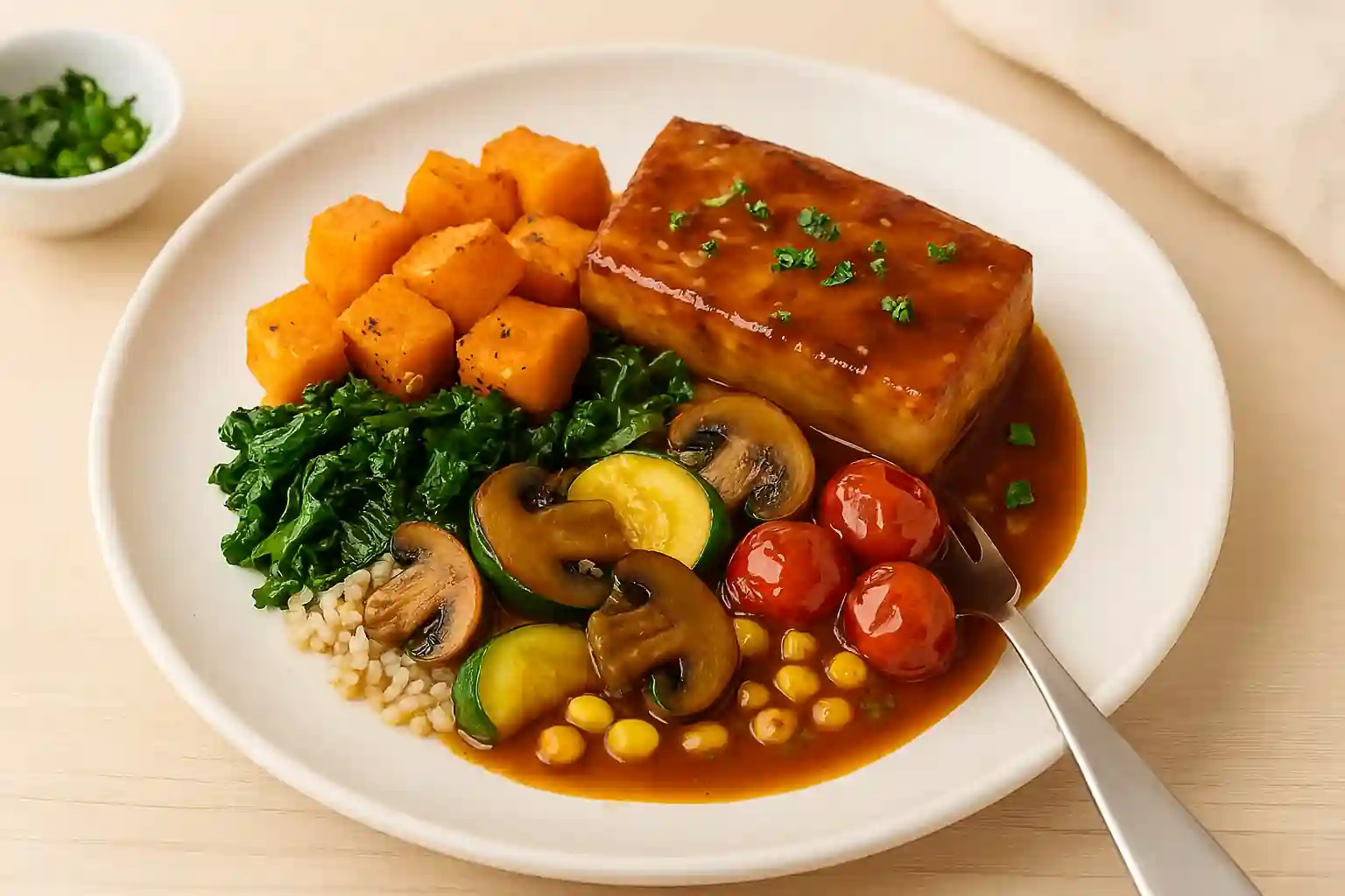 "Plated vegan casserole with glazed tofu, roasted vegetables, lentils, and herb drizzle in natural kitchen light"