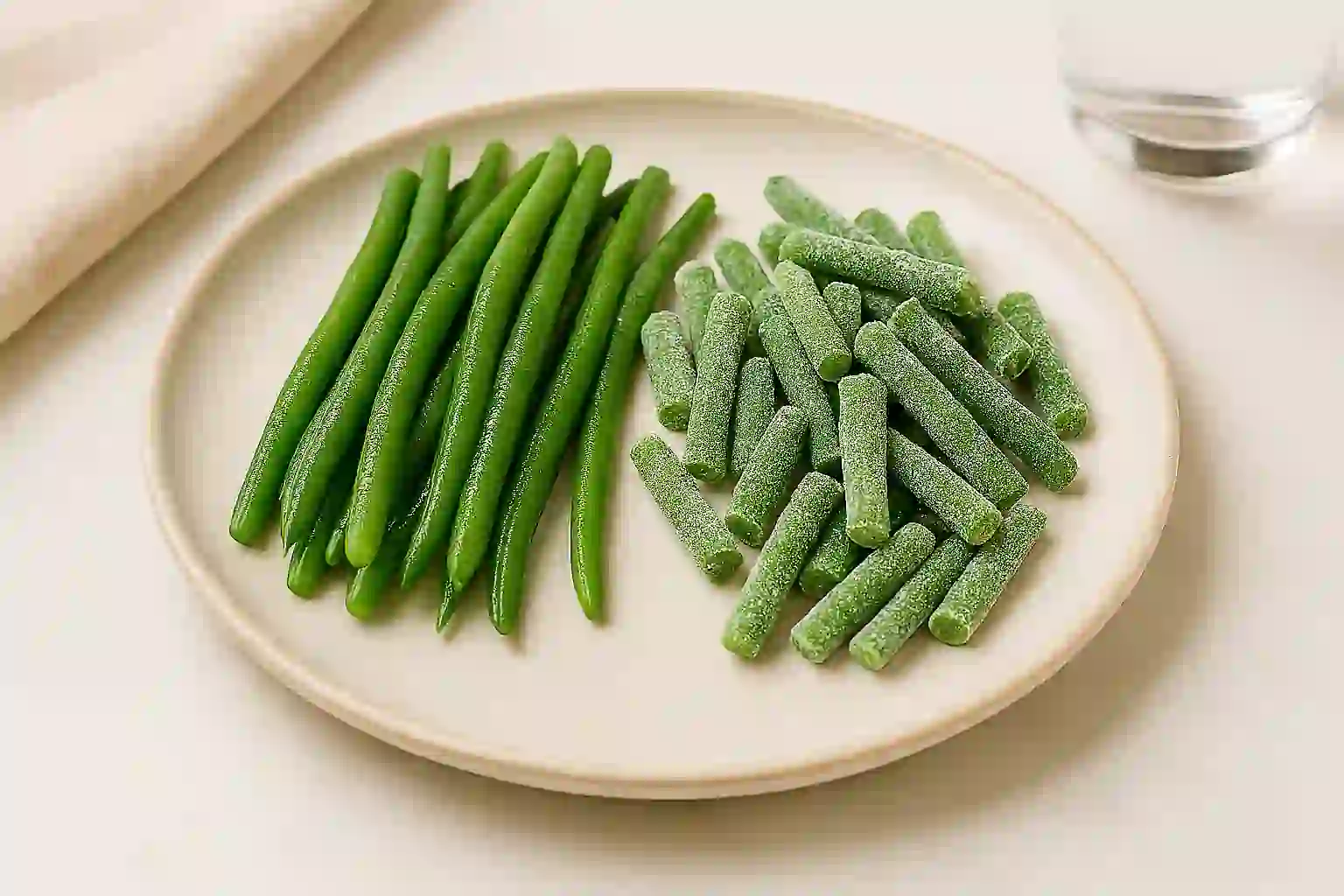 ide-by-side comparison of fresh green beans and frozen green beans on a ceramic plate in a sunlit kitchen.