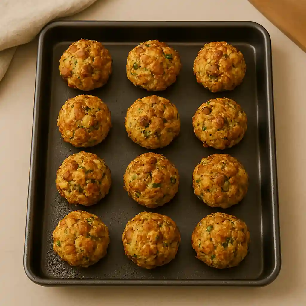 Golden-brown baked savory muffins or meatballs arranged in rows on a non-stick baking tray.
