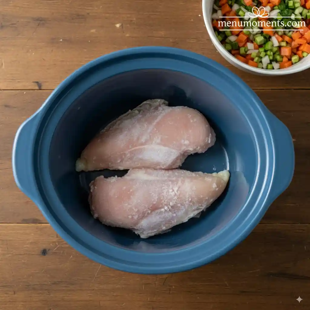 wo frozen chicken breasts placed at the bottom of a blue crockpot insert on a wooden table, ready for soup preparation.