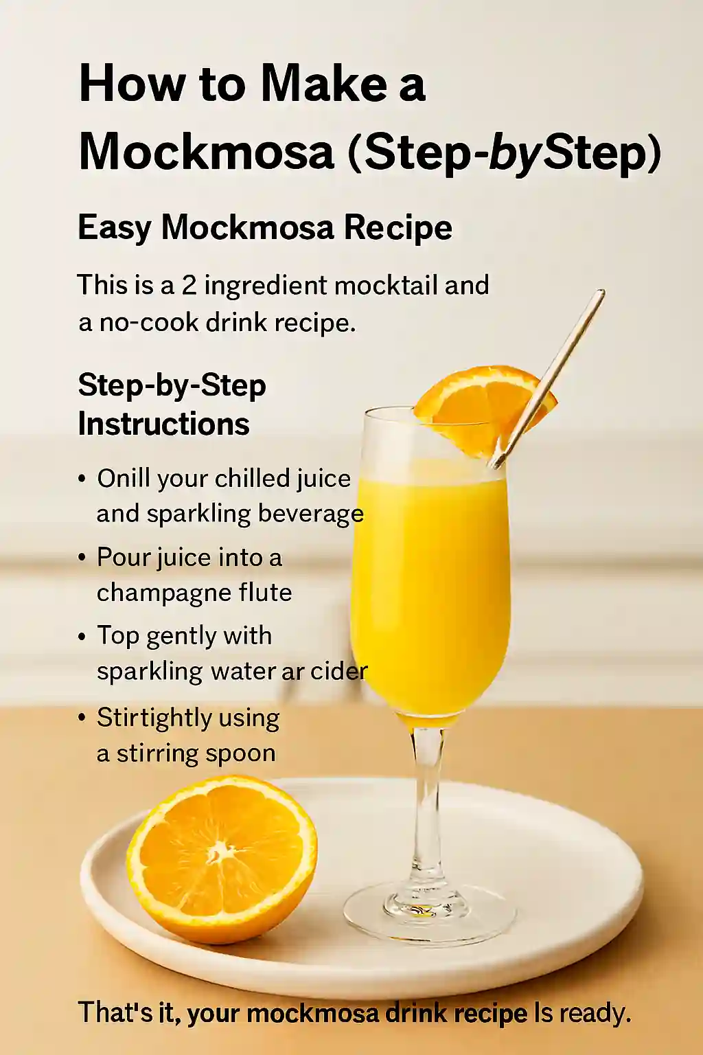 Mockmosa in a champagne flute with orange garnish, surrounded by orange juice, sparkling water, and a stirring spoon on a bright kitchen counter