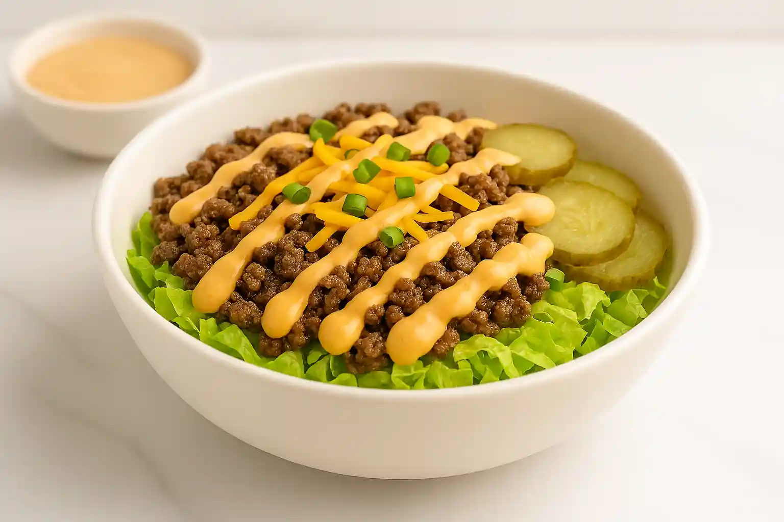 Big Mac bowl recipe with seasoned ground beef, shredded lettuce, cheddar cheese, pickles, and creamy Big Mac sauce in a white ceramic bowl