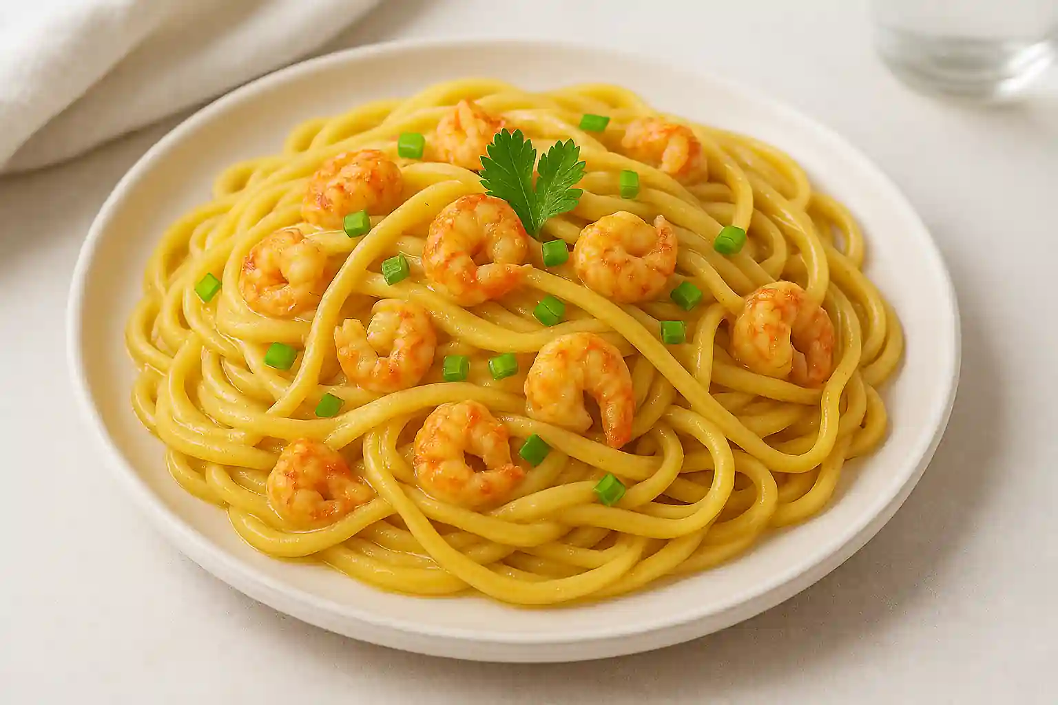 A beautifully plated crawfish recipes pasta dish with creamy Cajun sauce, garnished with parsley and green onions, captured in bright natural kitchen lighting with a minimal modern background.