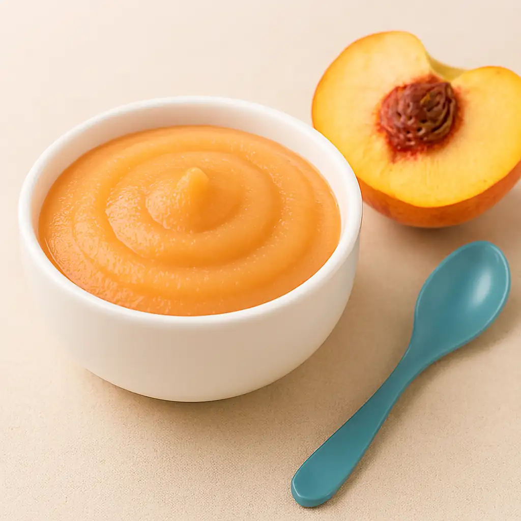 Peach-based baby puree in a white bowl with fresh peach half and baby spoon