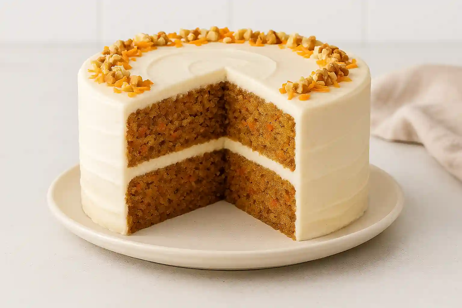 "Soft and fluffy gluten-free carrot cake slice with creamy frosting and walnut garnish on white plate"