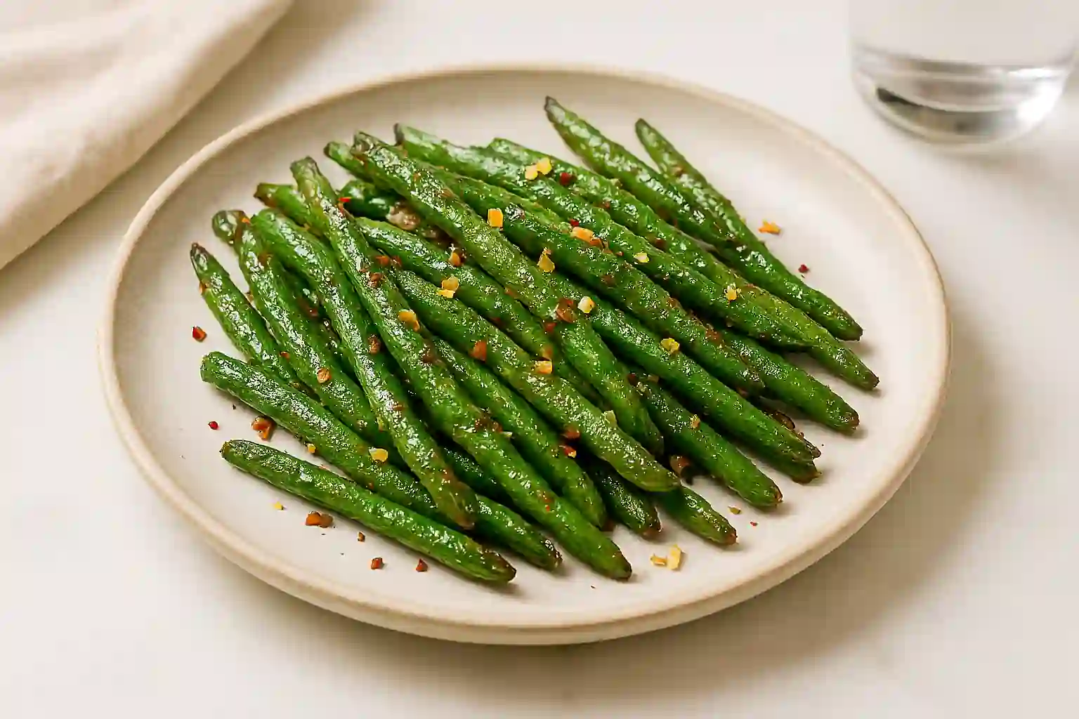 Roasted frozen green beans with garlic and pepper flakes served on a ceramic plate in a sunlit kitchen.