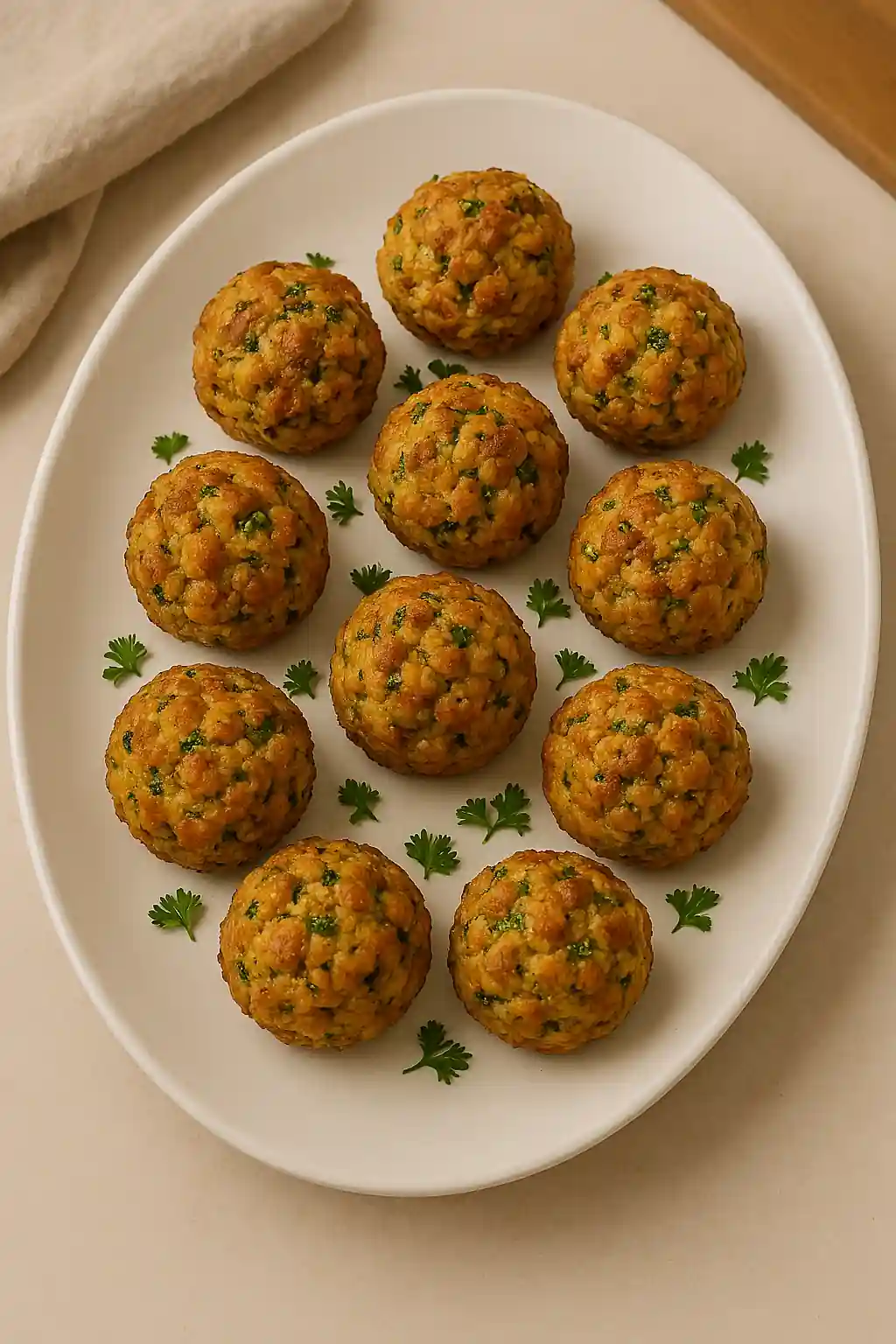 Golden-brown herb falafel or vegetable balls arranged on a white oval plate with parsley garnish.